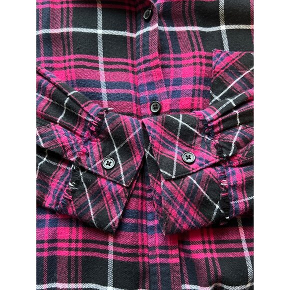 Rails Womens Plaid Button-Up Flannel Shirt Fuchsia/Black/White L Frayed Hem - Picture 4 of 10
